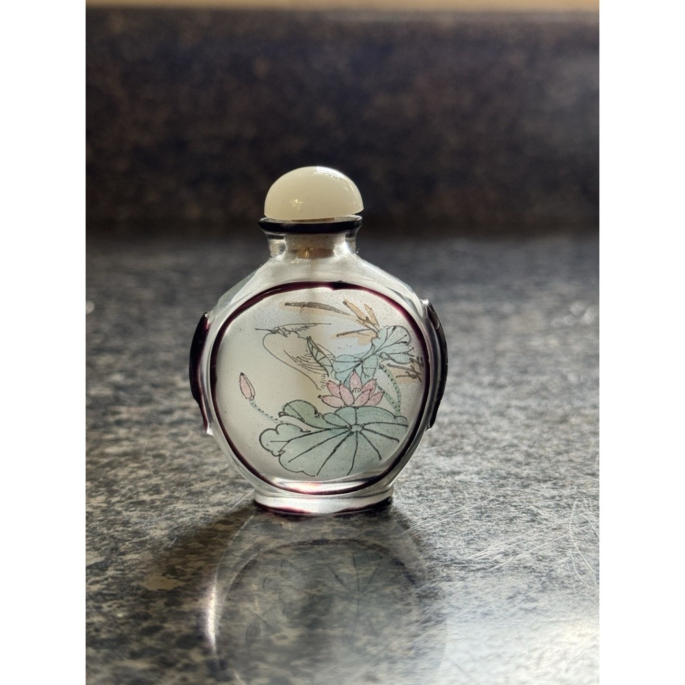 Antique handmade‎ Chinese peking glass carved stone reverse painted snuff bottle